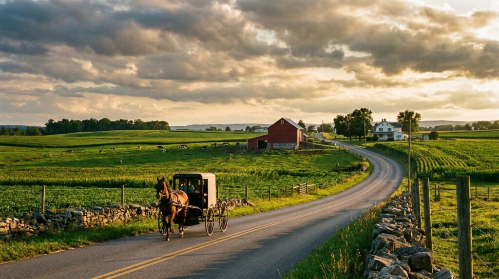 Amish horse and buggy on rural road through Lancaster County Pennsylvania farmland at sunset