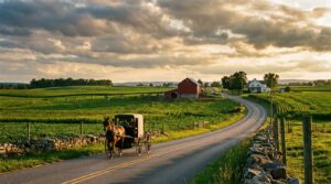 Amish horse and buggy on rural road through Lancaster County Pennsylvania farmland at sunset