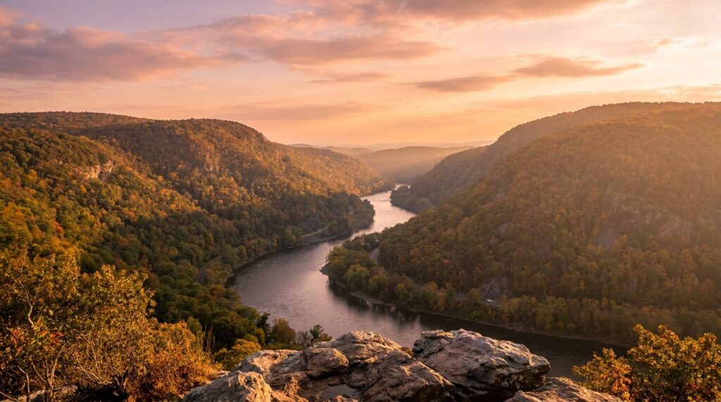 Delaware Water Gap where the Delaware River cuts through the Appalachian Mountains on the PA-NJ border