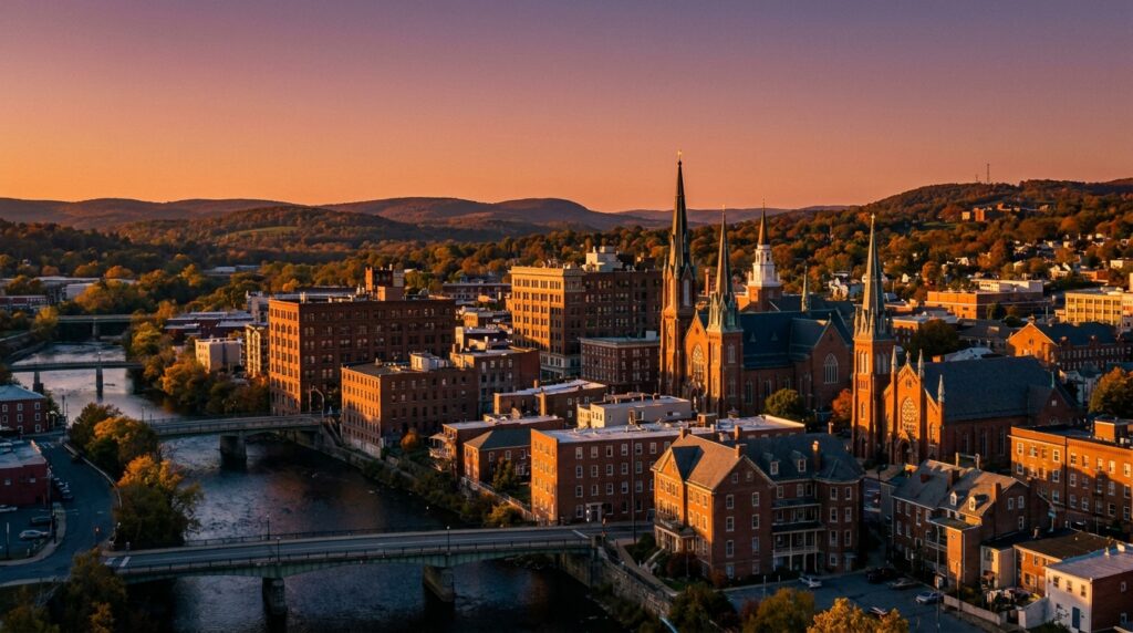 Downtown Reading Pennsylvania historic skyline at sunset with rolling hills