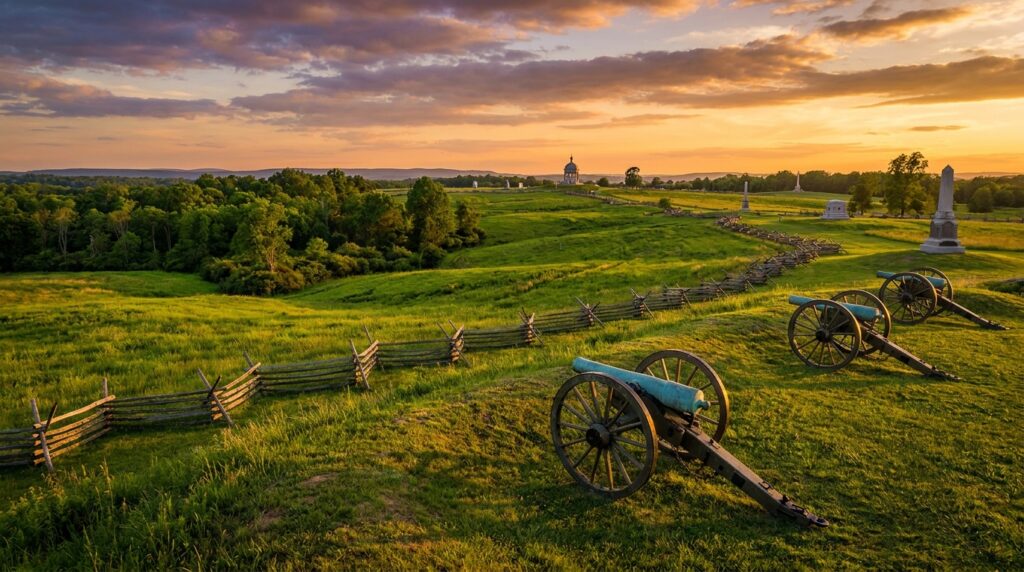 Gettysburg National Military Park battlefield at sunset with historic cannons and monuments