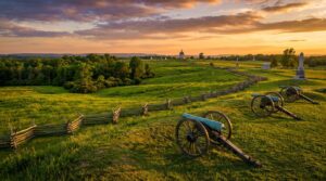Gettysburg National Military Park battlefield at sunset with historic cannons and monuments