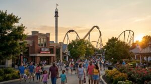 Hersheypark amusement park with Kissing Tower and roller coasters in Hershey, Pennsylvania