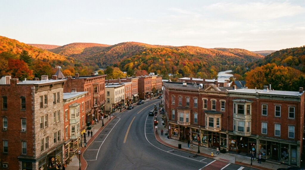Historic Victorian buildings along Broadway Street in Jim Thorpe, Pennsylvania with autumn mountain backdrop