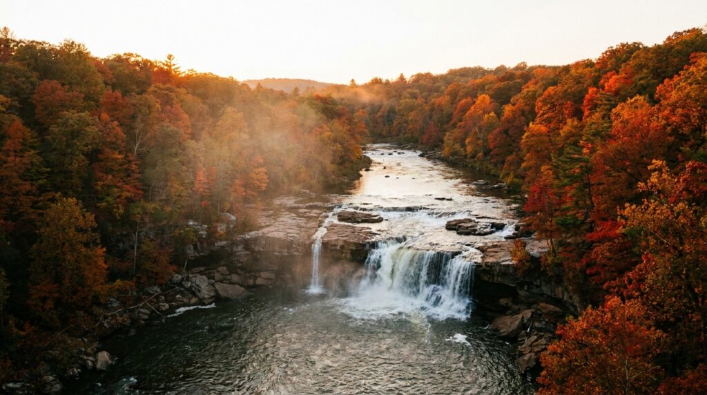 Ohiopyle Falls surrounded by autumn foliage in Pennsylvania's Laurel Highlands