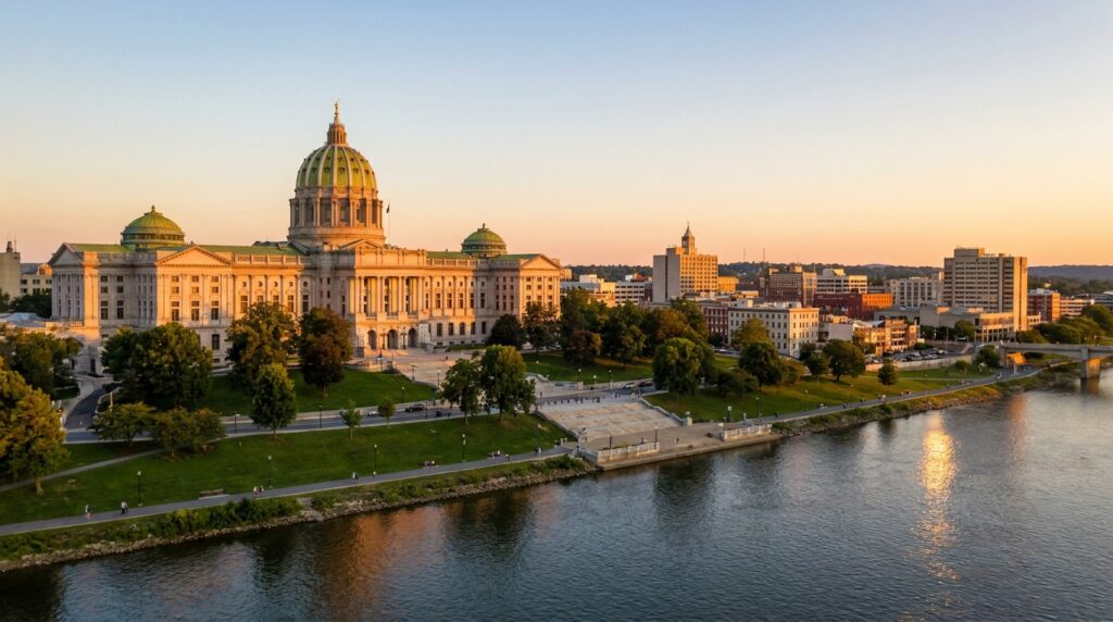 Pennsylvania State Capitol building dome overlooking Susquehanna River in Harrisburg at sunset