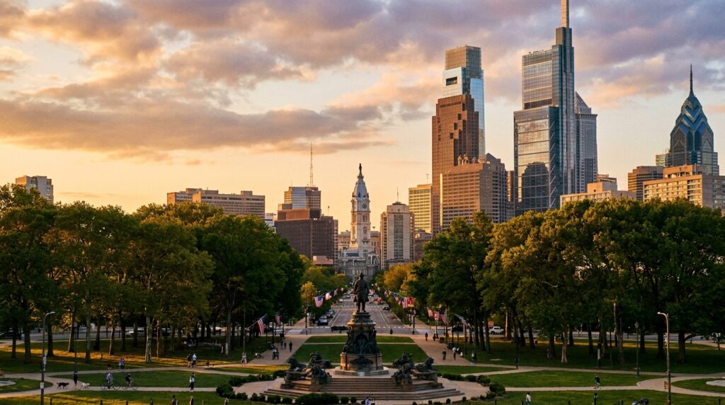 Philadelphia skyline at sunset with City Hall tower and modern buildings