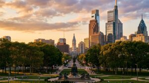 Philadelphia skyline at sunset with City Hall tower and modern buildings