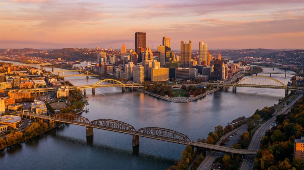 Pittsburgh skyline at sunset with three rivers and iconic bridges
