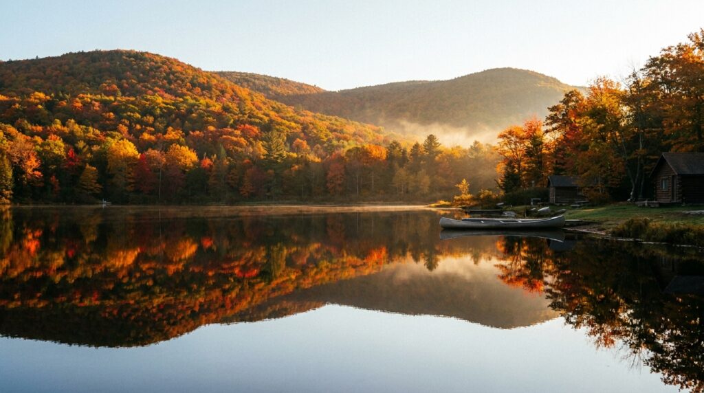 Scenic view of Pocono Mountains with autumn foliage and lake reflection in Pennsylvania