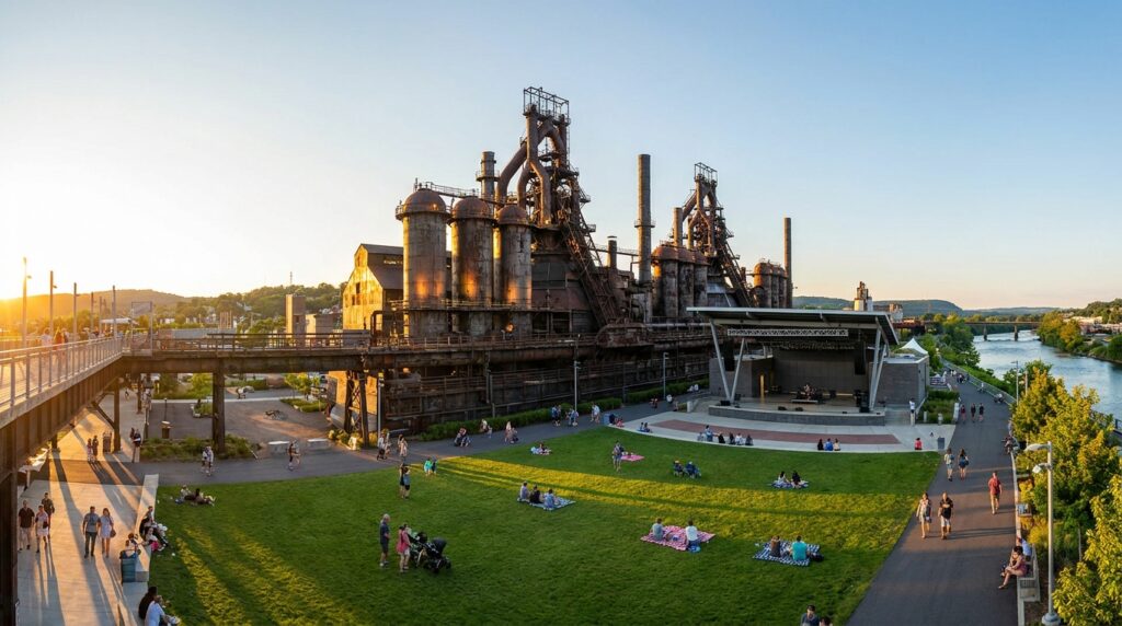SteelStacks arts campus with historic blast furnaces in Bethlehem Pennsylvania at sunset