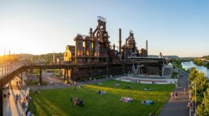 SteelStacks arts campus with historic blast furnaces in Bethlehem Pennsylvania at sunset