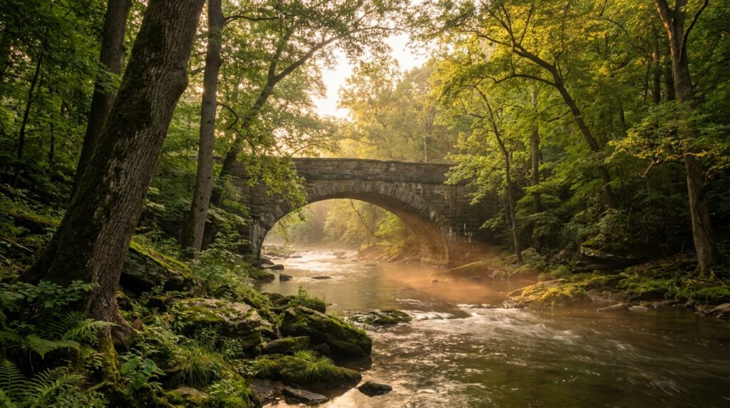 Wissahickon Creek flowing through forested valley with historic stone bridge in Philadelphia Pennsylvania