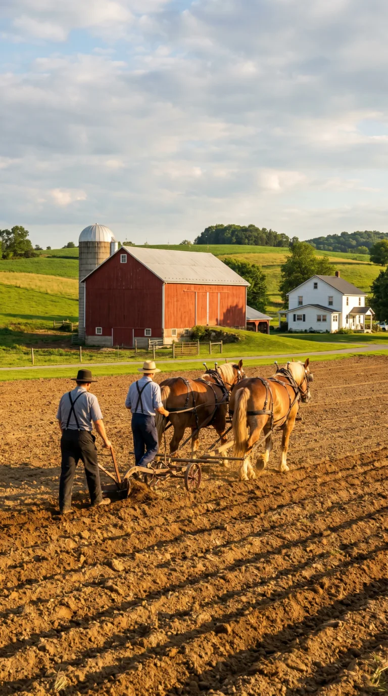 Amish farmers with horse-drawn plow in Lancaster County Pennsylvania farmland