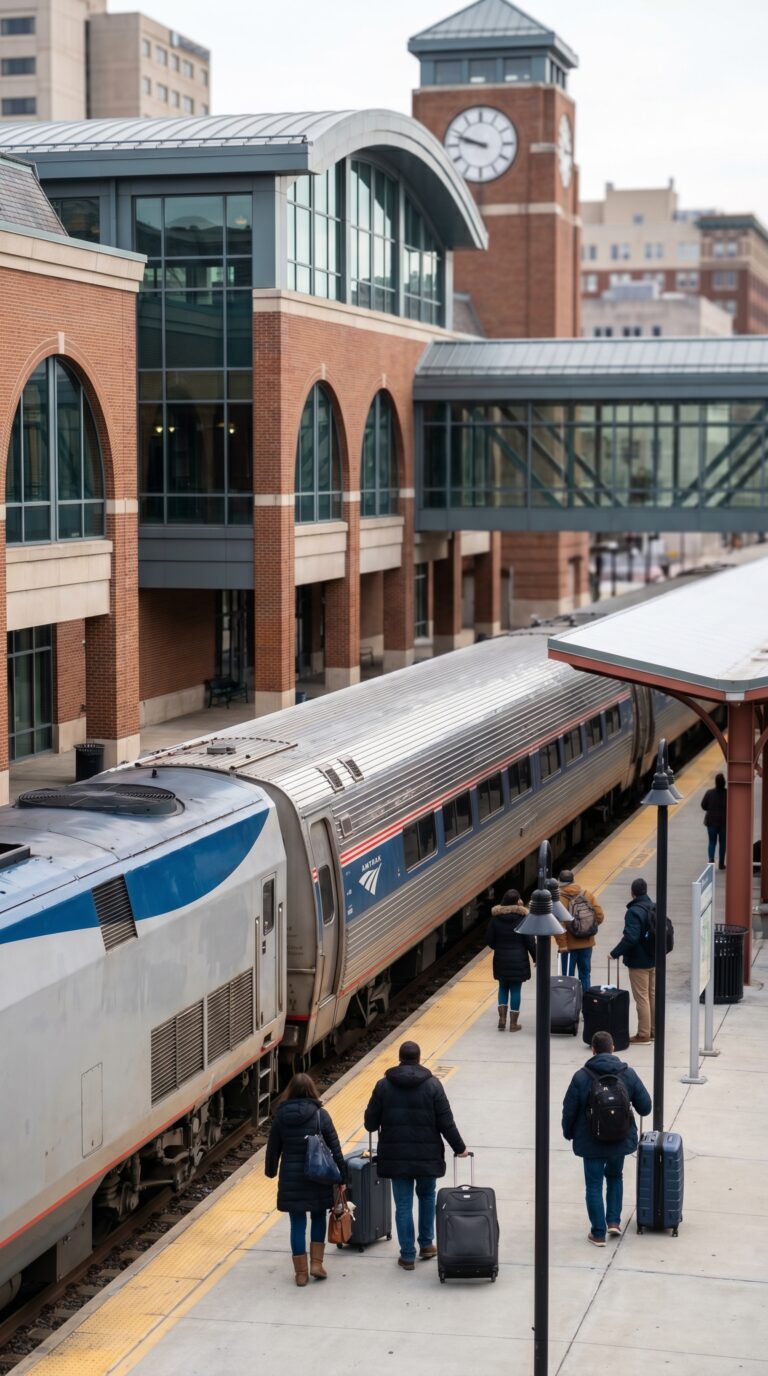 Amtrak train at Harrisburg Transportation Center platform with travelers