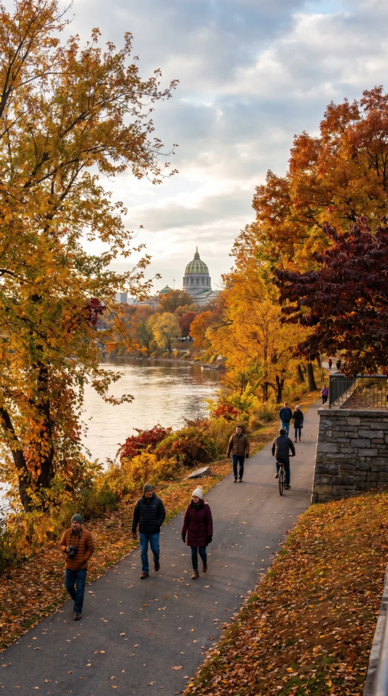 Autumn foliage along Susquehanna River waterfront trail in Harrisburg Pennsylvania