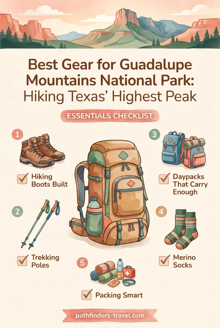Guadalupe Mountains National Park : Hiking Texas’ Highest Peak packing checklist infographic: Hiking Boots Built, Trekking Poles, Daypacks That Carry Enough