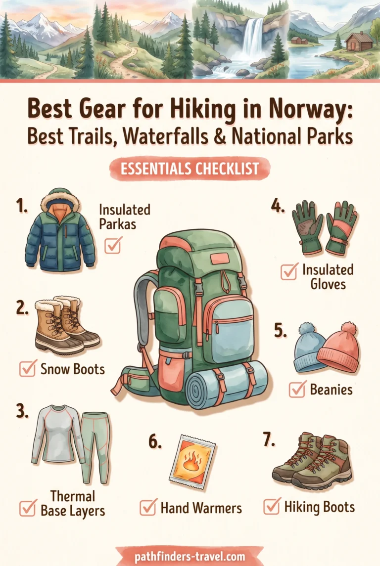 Hiking In Norway: Best Trails, Waterfalls & National Parks packing checklist infographic: Insulated Parkas, Snow Boots, Thermal Base Layers