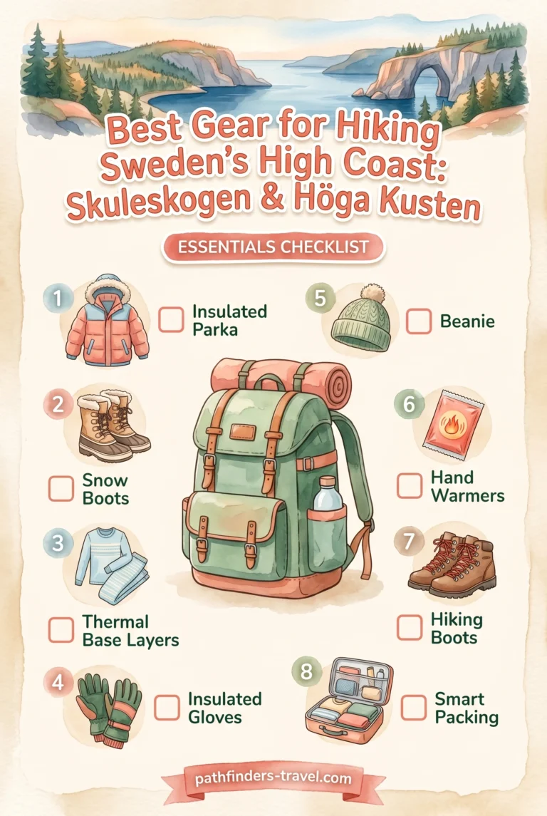 Best Hiking Trails On Sweden’S High Coast: Skuleskogen & Höga Kusten packing checklist infographic: Insulated Parka, Snow Boots, Thermal Base Layers
