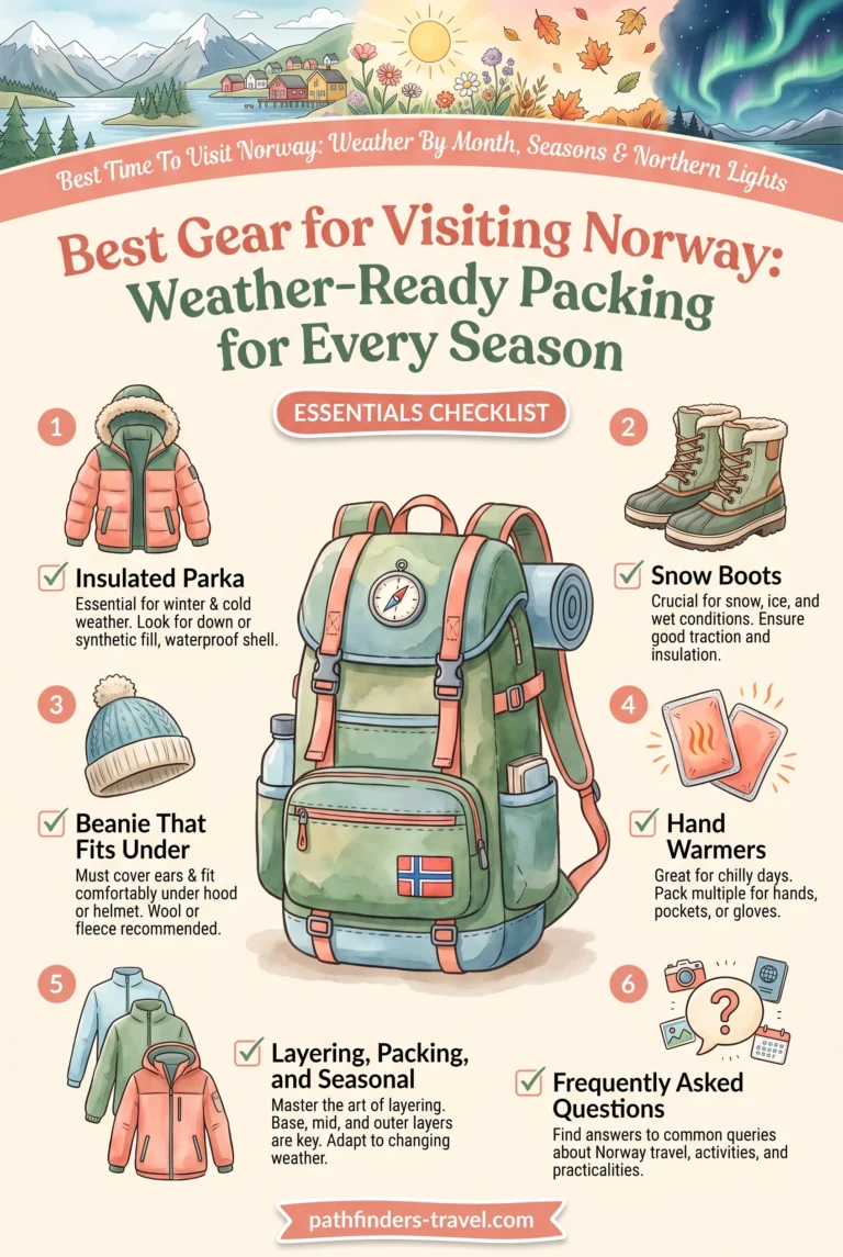 Best Time To Visit Norway: Weather By Month, Seasons & Northern Lights packing checklist infographic: Insulated Parka, Snow Boots, Beanie That Fits Under