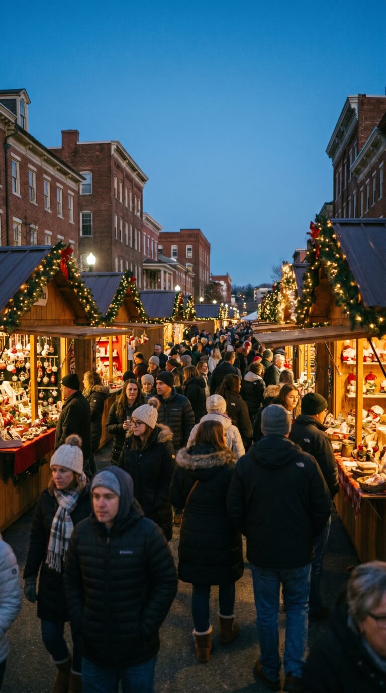 Bethlehem Pennsylvania Christmas market with festive lights and winter visitors