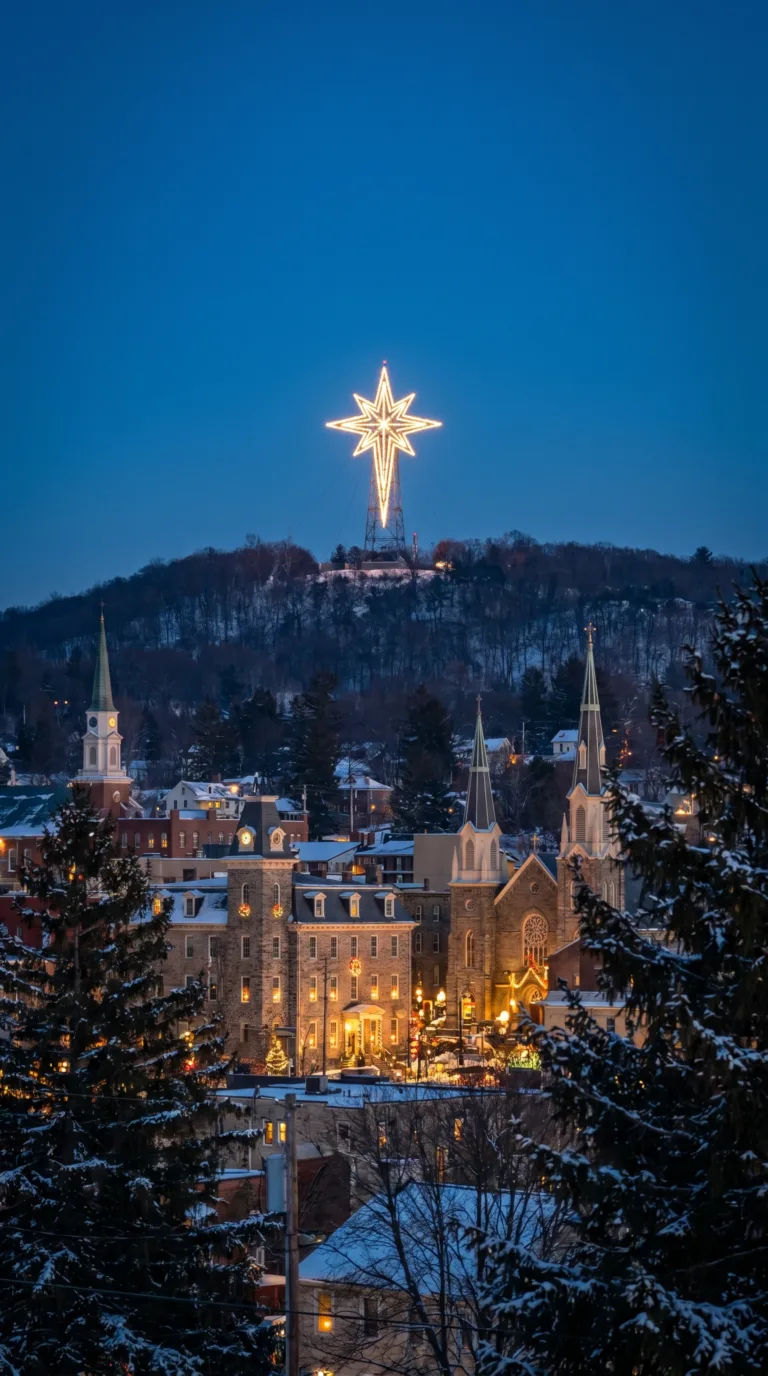 Bethlehem Star illuminated above downtown Bethlehem Pennsylvania during Christmas season