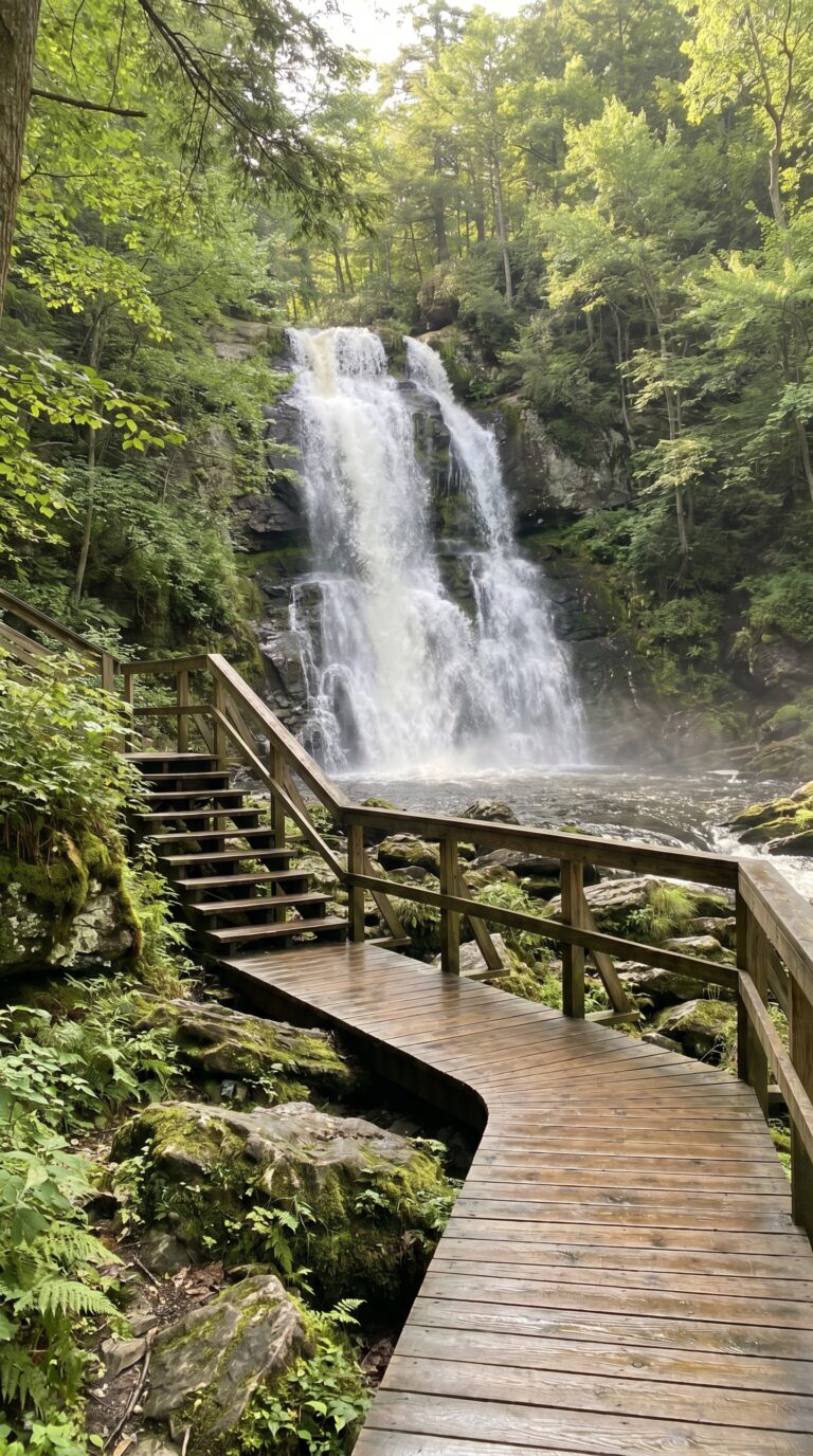 Bushkill Falls cascading waterfall with wooden walkway through Pennsylvania forest