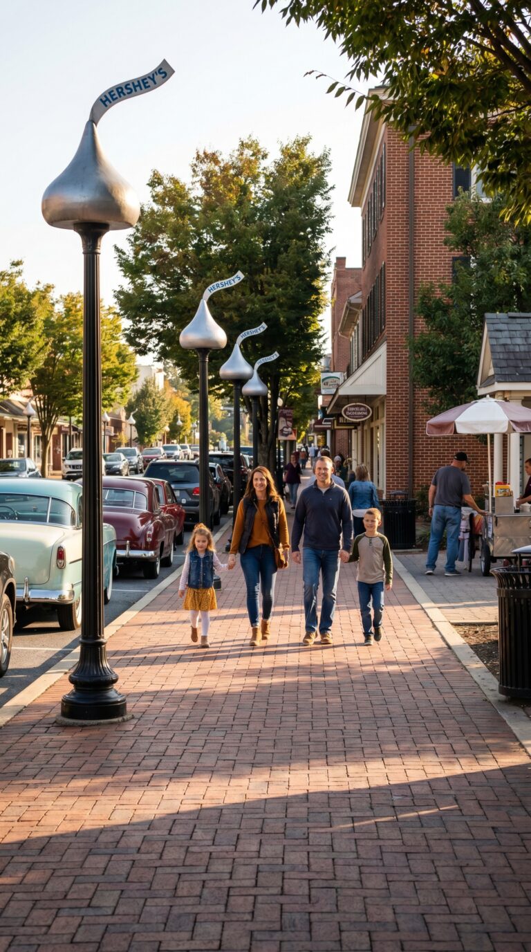 Chocolate Avenue main street in Hershey, Pennsylvania with iconic Kisses streetlamps
