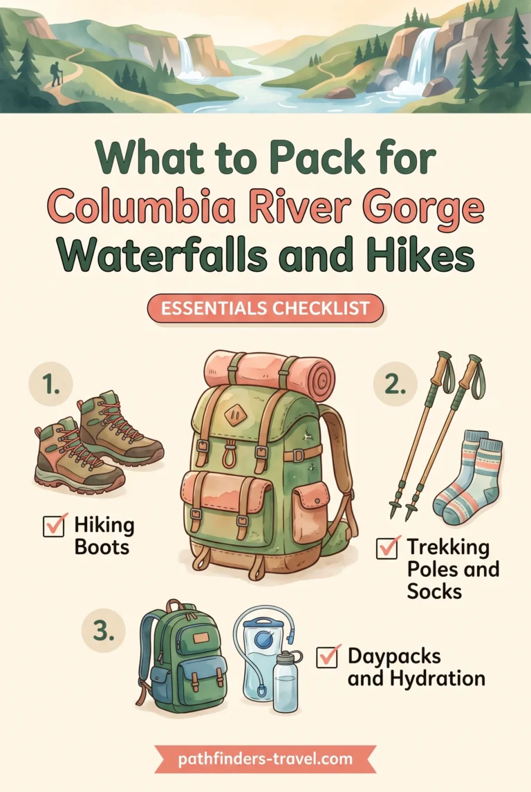 Columbia River Gorge : Waterfalls, Hikes & Scenic Drives packing checklist infographic: Hiking Boots, Trekking Poles and Socks, Daypacks and Hydration