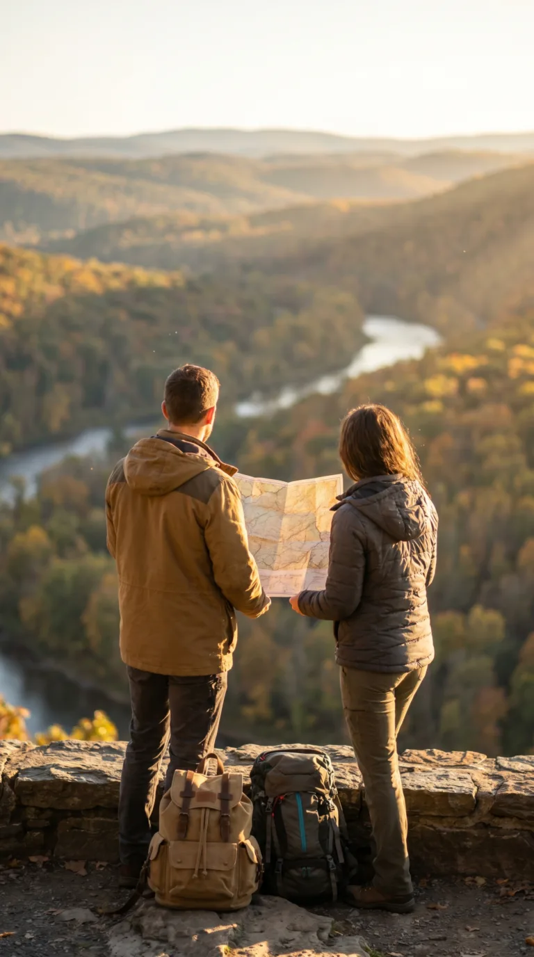 Couple planning route at Pennsylvania scenic overlook with map and backpacks