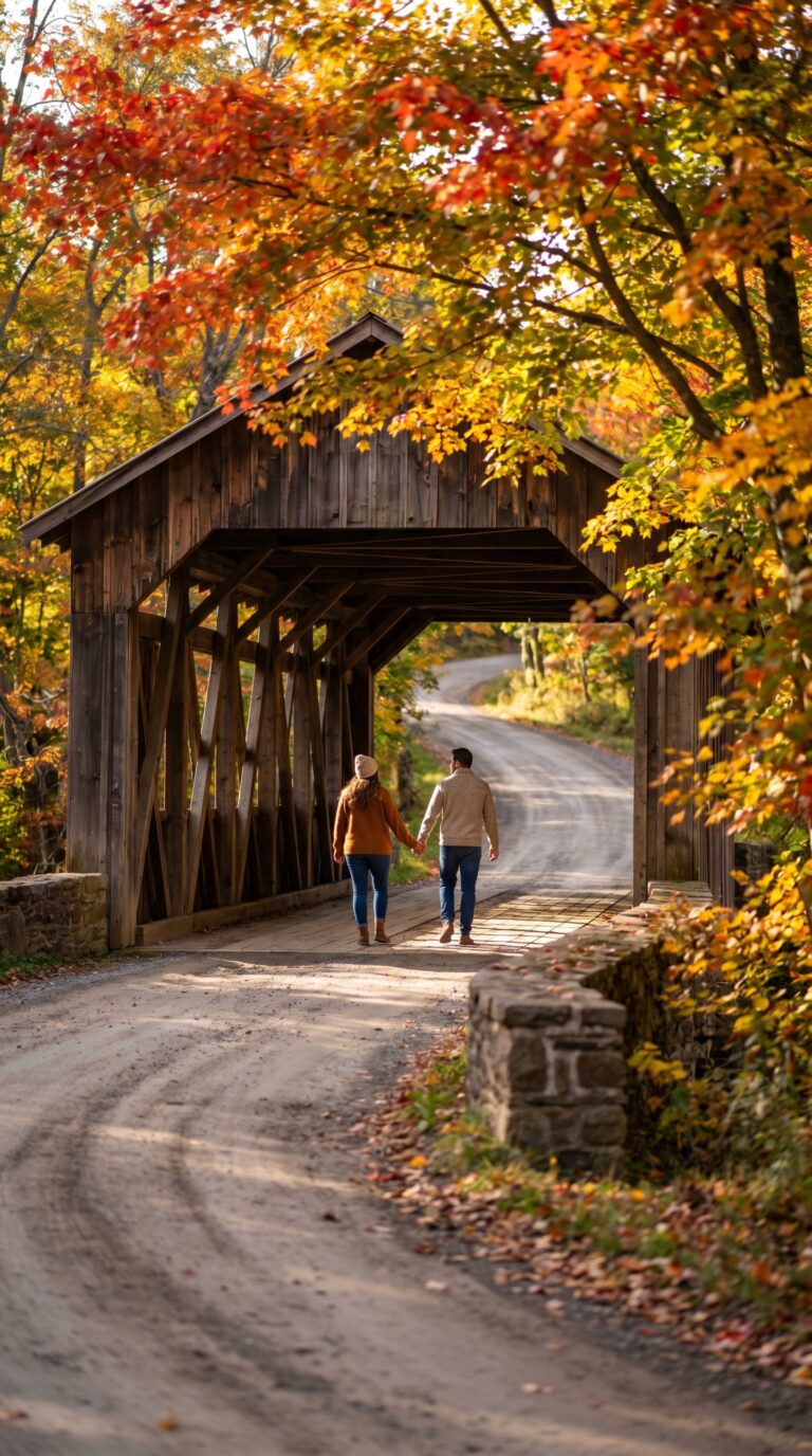Couple walking through Pennsylvania covered bridge during autumn foliage season