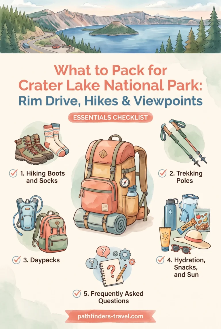 Crater Lake National Park: Rim Drive, Hikes & Viewpoints packing checklist infographic: Hiking Boots and Socks, Trekking Poles, Daypacks