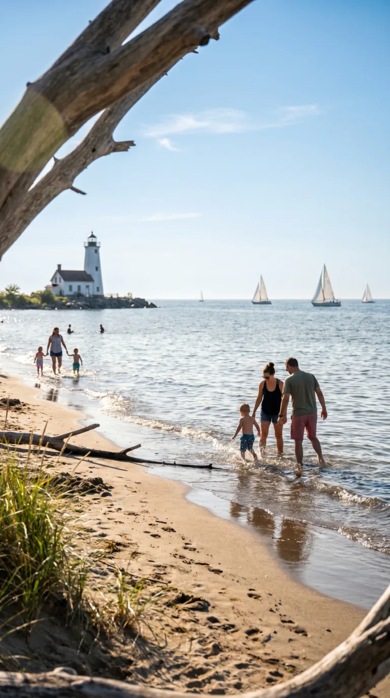Families enjoying sandy beach at Presque Isle State Park Lake Erie Pennsylvania