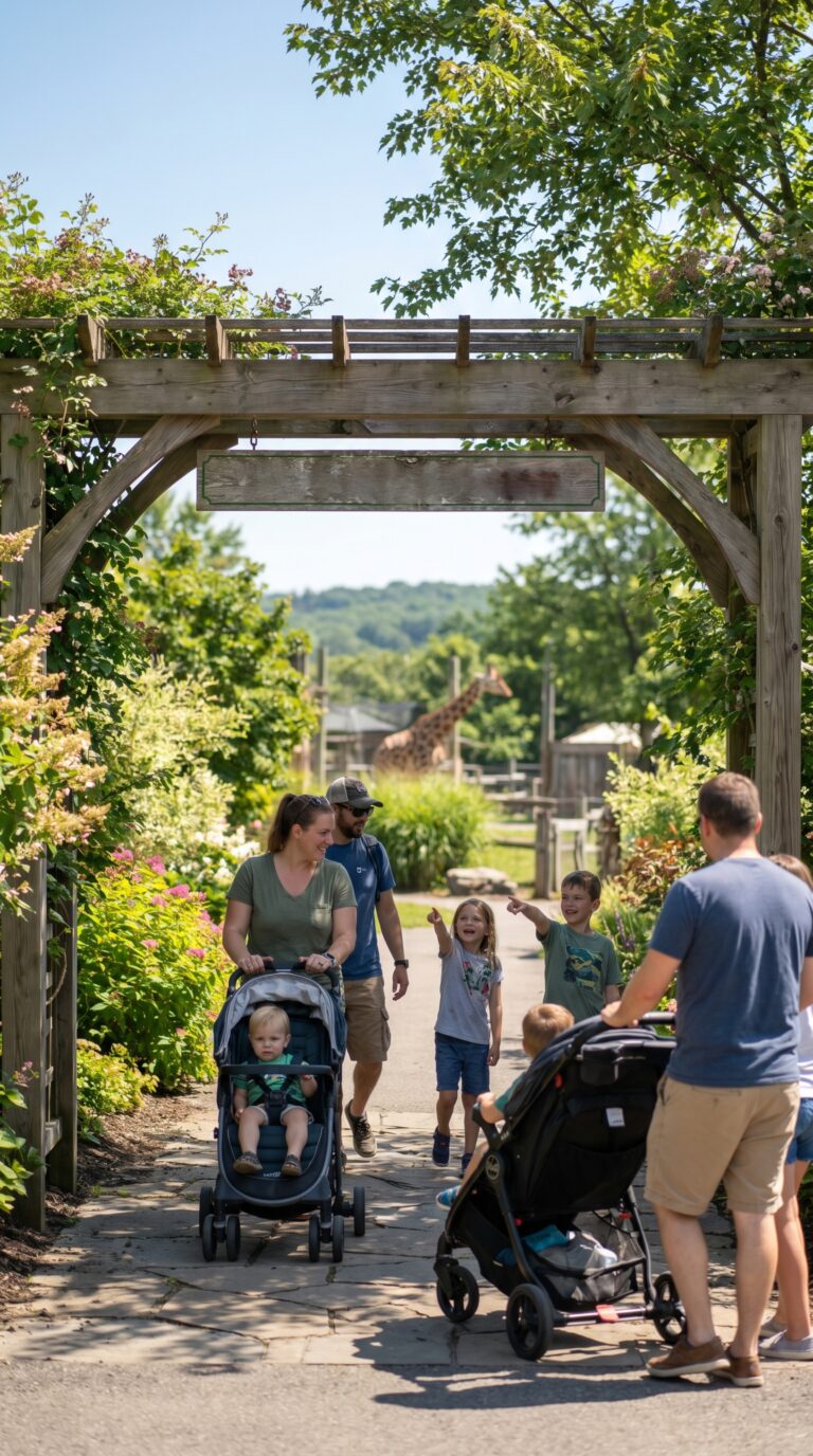 Families entering Erie Zoo with lush exhibits and landscaping in Erie, Pennsylvania