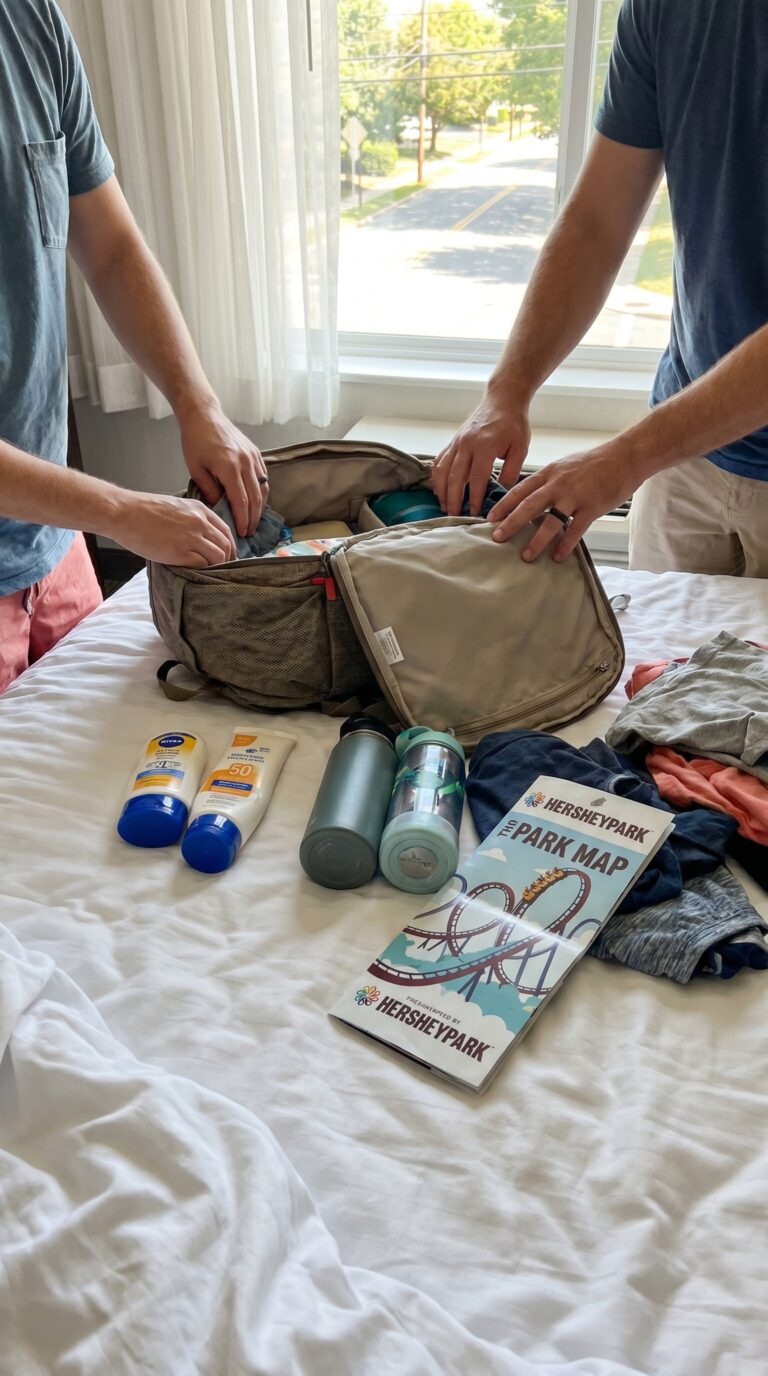 Family packing essentials for a day at Hersheypark in Hershey, Pennsylvania