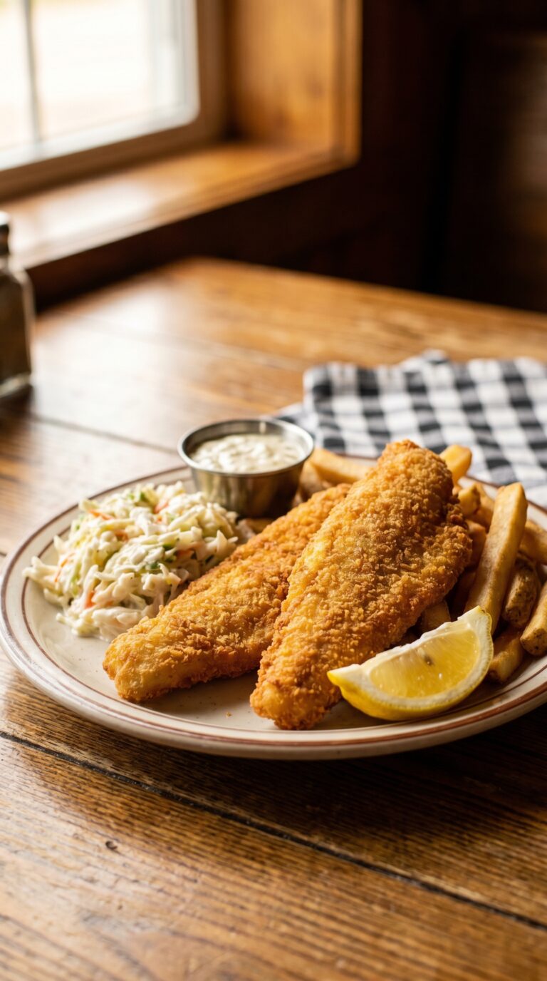 Fresh Lake Erie perch fish fry platter with sides at an Erie, Pennsylvania restaurant