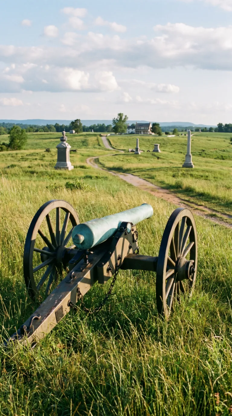 Gettysburg battlefield with historic cannons and monuments
