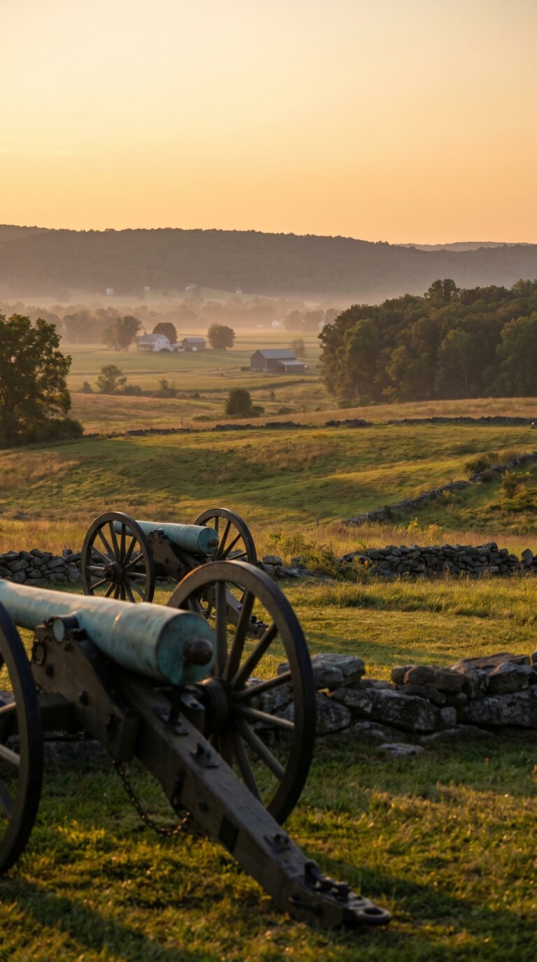 Gettysburg National Military Park battlefield with historic cannons in Pennsylvania