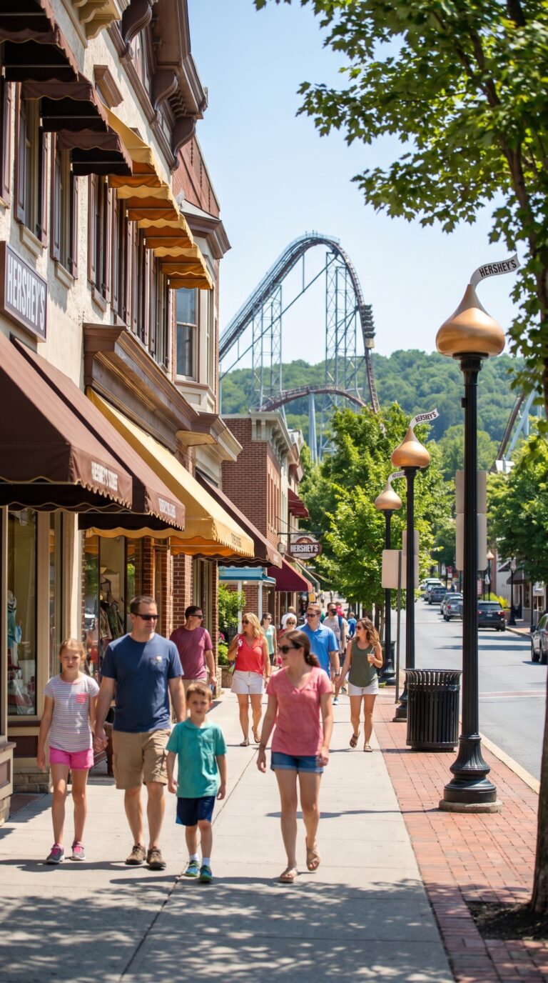 Hershey Pennsylvania chocolate town main street with iconic Kisses streetlights and Hersheypark