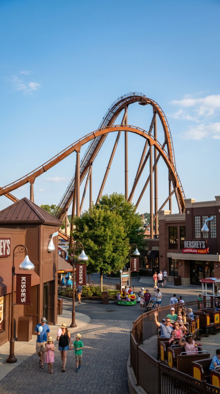 Hersheypark roller coaster and chocolate-themed attractions near Harrisburg Pennsylvania