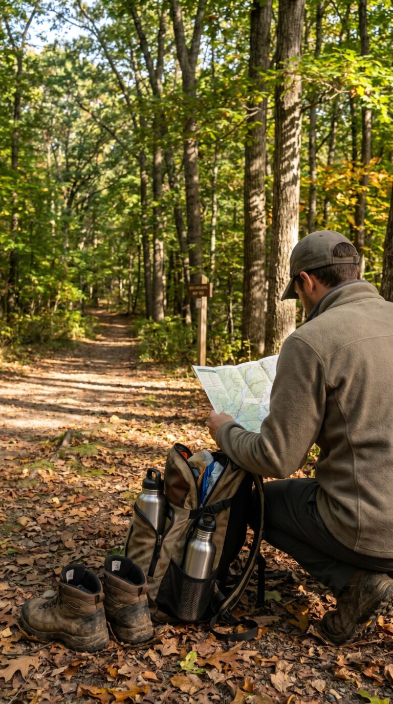 Hiker preparing gear with trail map at Delaware Water Gap trailhead in Pennsylvania