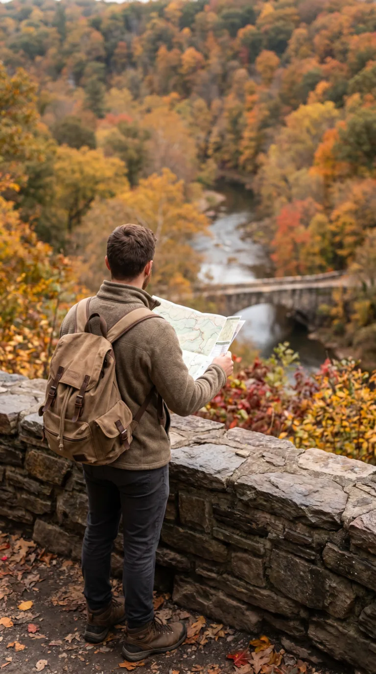 Hiker with daypack and trail map at Wissahickon Valley overlook in Philadelphia Pennsylvania