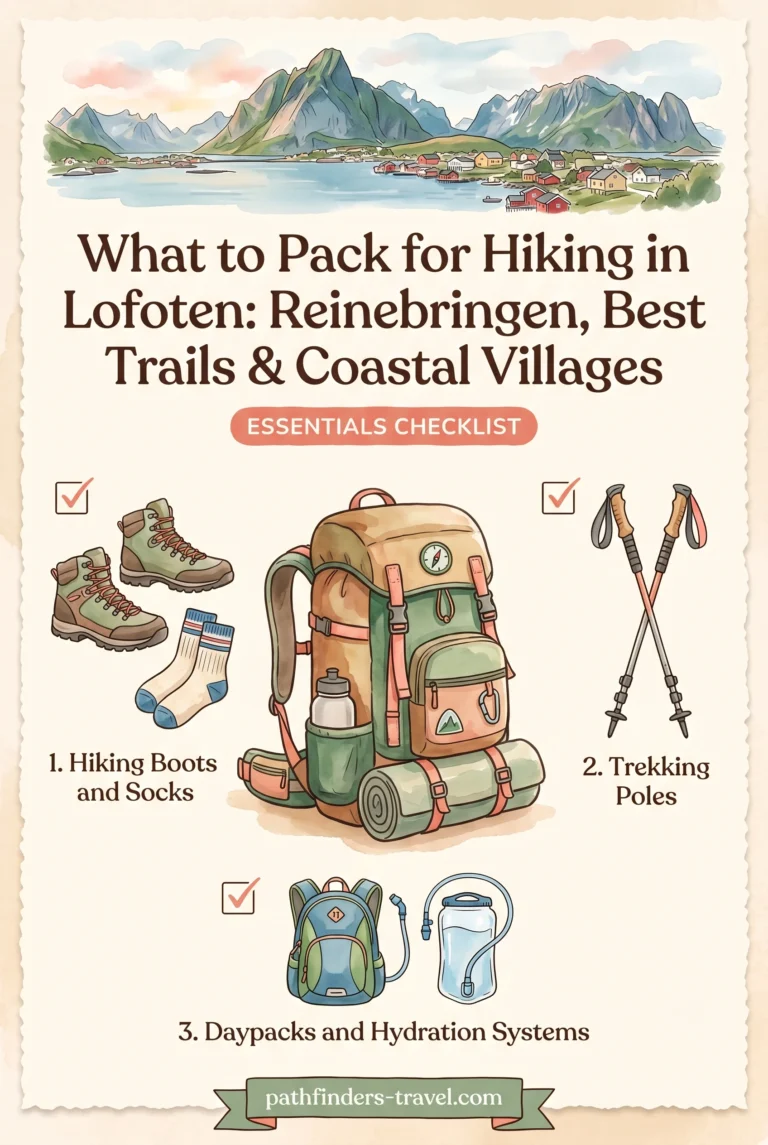 Hiking In Lofoten: Reinebringen, Best Trails & Coastal Villages packing checklist infographic: Hiking Boots and Socks, Trekking Poles, Daypacks and Hydration Systems