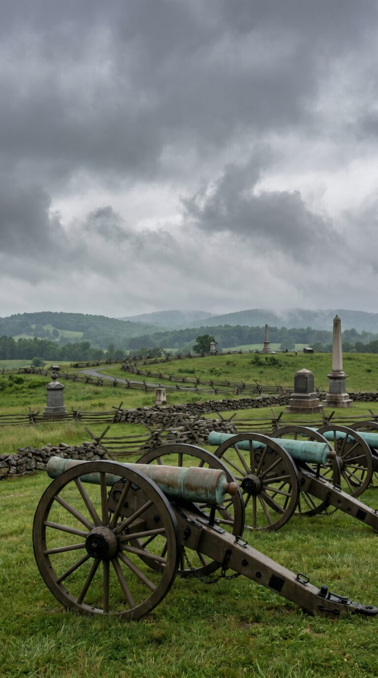 Historic cannons at Little Round Top on Gettysburg battlefield with monuments and rolling hills