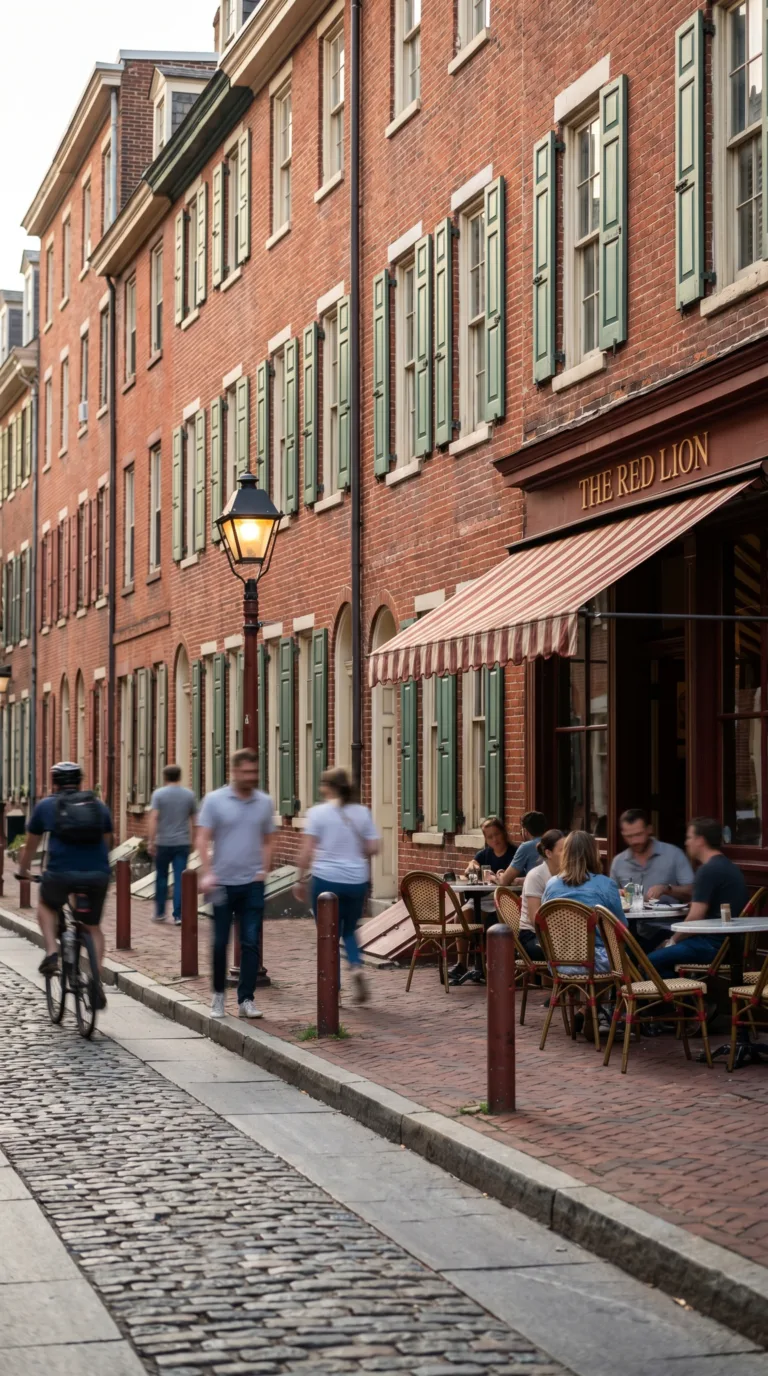 Historic cobblestone street in Philadelphia Old City with brick buildings and cafes