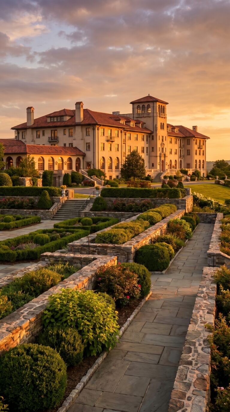 Historic Hotel Hershey resort on hilltop with gardens in Hershey, Pennsylvania