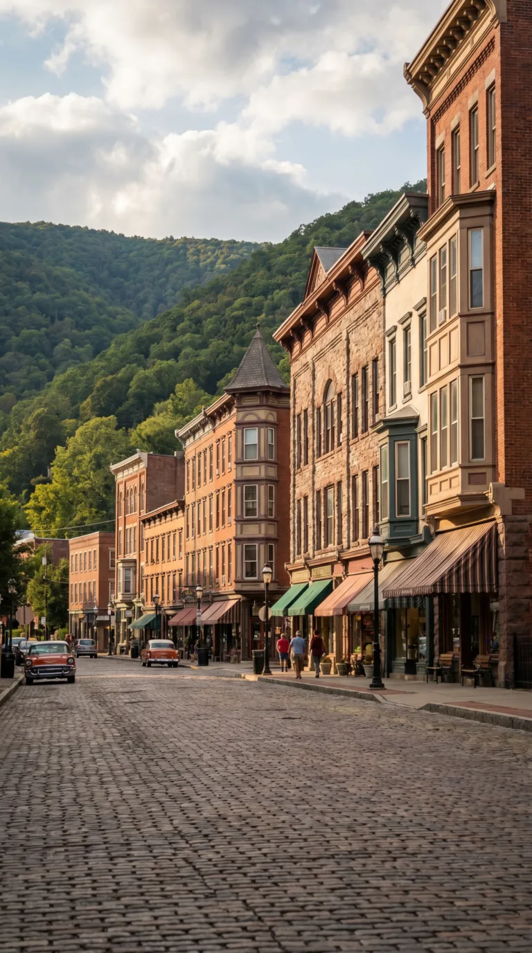 Historic Main Street in Jim Thorpe Pennsylvania with Victorian buildings and mountain scenery