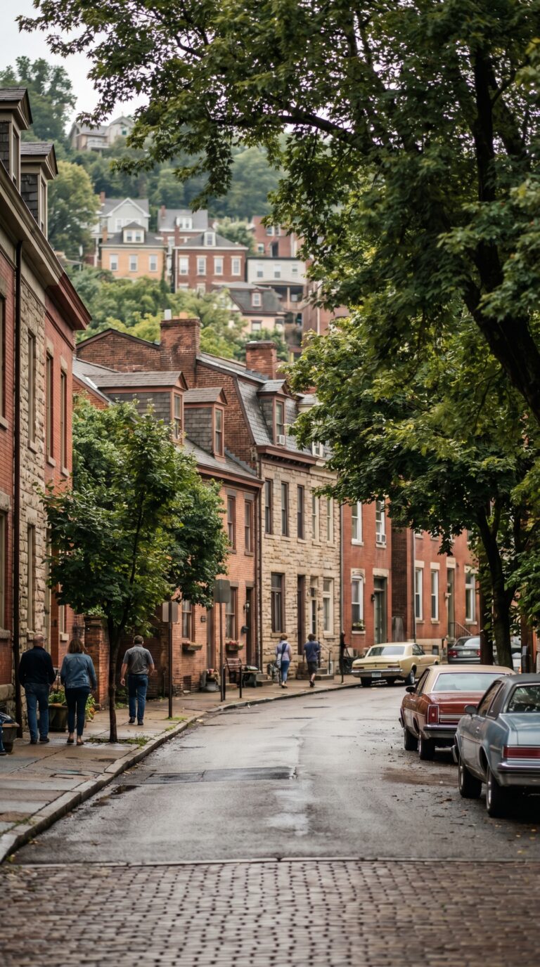 Historic Pittsburgh neighborhood with hillside row houses and tree-lined streets
