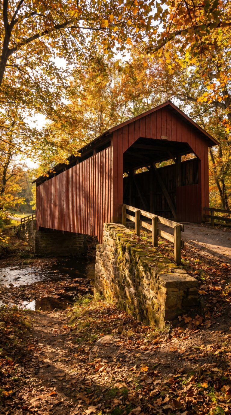 Historic red covered bridge over creek in Lancaster County Pennsylvania surrounded by fall foliage
