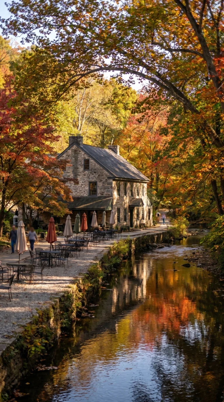 Historic Valley Green Inn stone building beside Wissahickon Creek in Philadelphia Pennsylvania